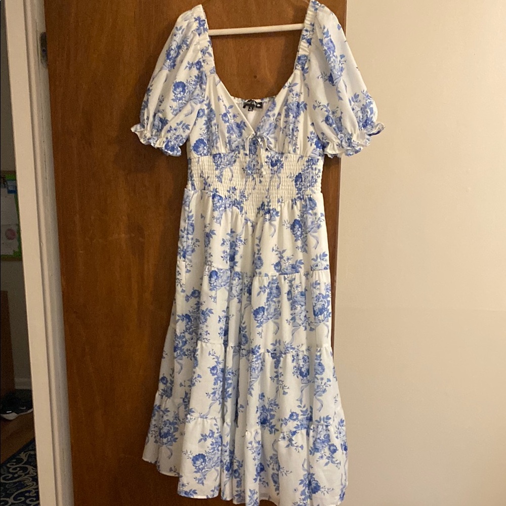 Crystal Doll Blue and White Puff Sleeve Sundress